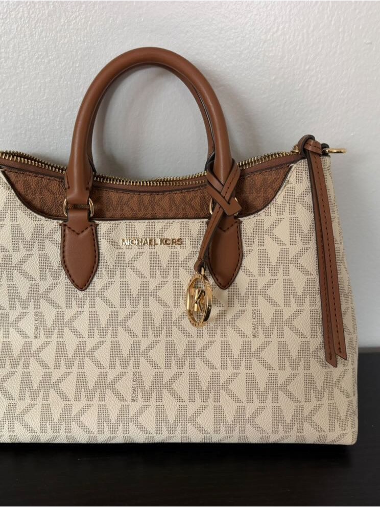 Michael Kors Cream & Brown Signature Satchel With Gold Hardware